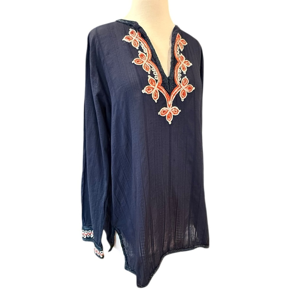 Trina Turk Navy Blue Woven Embroidered V-Neck Long Sleeves Cotton Tunic Sz L - Picture 2 of 11